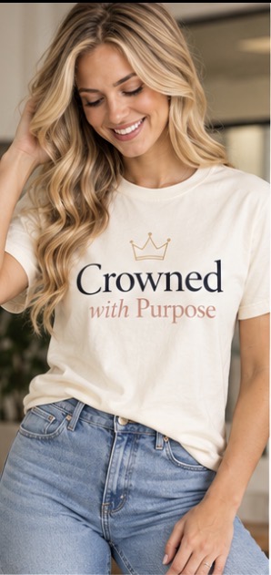 Model wearing the natural Crowned With Purpose tee, front view
