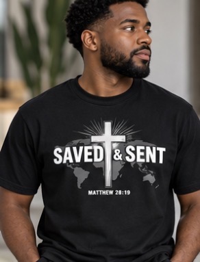 Model wearing the black Saved & Sent tee, front view with Matthew 28:19 graphic