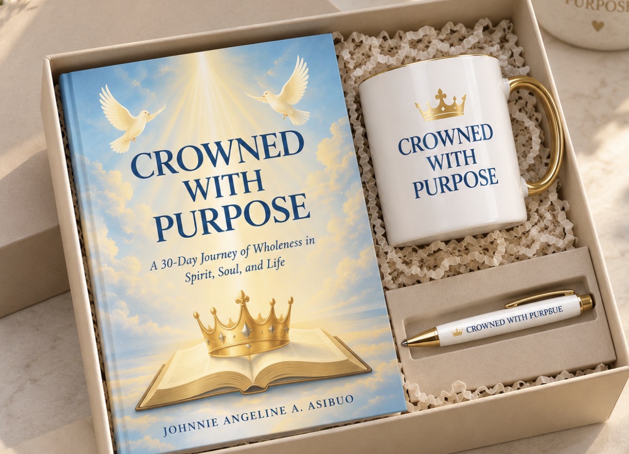 Crowned With Purpose bundle with devotional book, gold handled mug, and engraved pen in a gift box