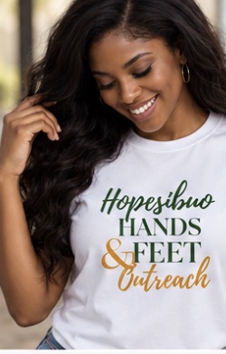 Model wearing the white Hopesibuo Hands & Feet Outreach tee, front view