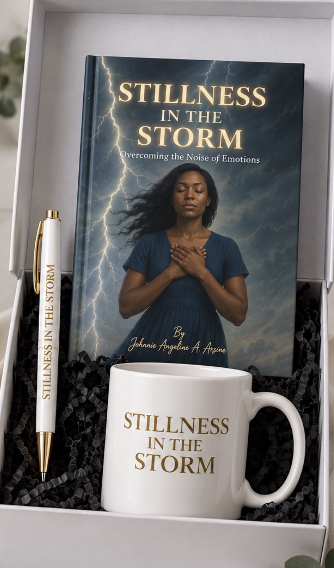 Stillness in the Storm bundle with devotional book, mug, and engraved pen in a gift box