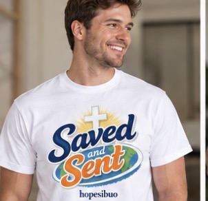 Model wearing the white Saved and Sent script tee with colorful graphic, front view