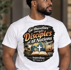 Model wearing the white Disciples of All Nations tee, front view
