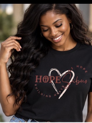 Model wearing the black Hopesibuo Essentials tee with HOPE heart logo, front view