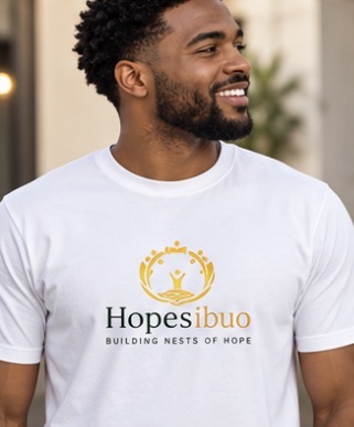 Model wearing the white Hopesibuo Building Nests of Hope emblem tee, front view