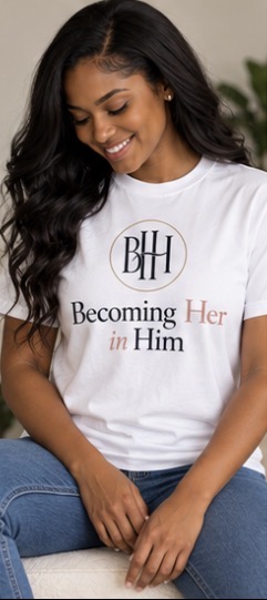 Model wearing the white Becoming Her in Him centered tee, front view